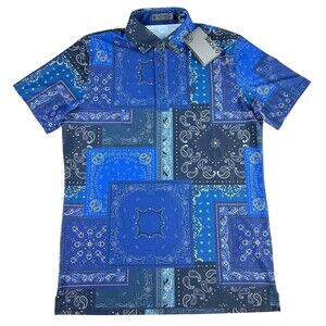G/Fore Bandana Tech Pique Slim Fit Blue Performance Golf Polo Paisley Mens M New